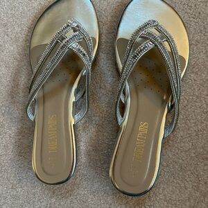Silver Thong Sandals with Glittery Straps and Low Heel
